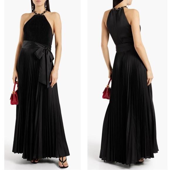 Alice + Olivia Alycia Gold Chain Embellished Pleated Black Maxi Dress Size 6 - Picture 1 of 10